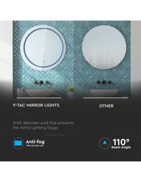 Specchio LED Rotondo 25W con Sistema Anti-appannamento Interruttore Touch 3 in 1 600*35mm IP44