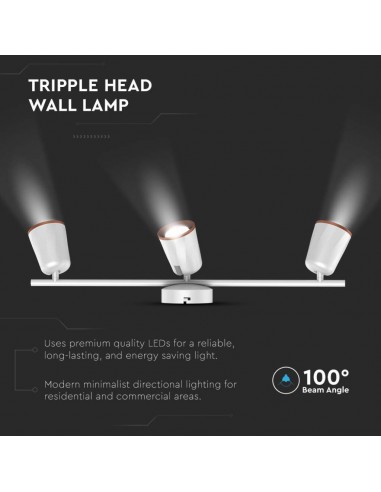 218260-Faretto LED da Muro Triplo  con Testa Orientabile Colore Bianco  IP-6