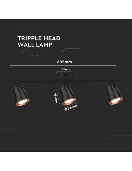 218261-Faretto LED da Muro Triplo  con Testa Orientabile Colore Nero  IP-3