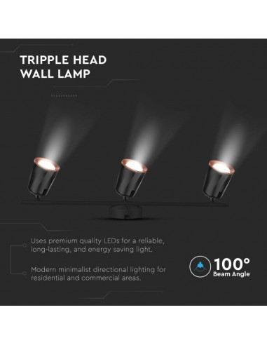 218261-Faretto LED da Muro Triplo  con Testa Orientabile Colore Nero  IP-6