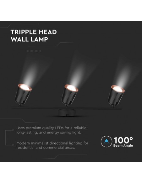 218261-Faretto LED da Muro Triplo  con Testa Orientabile Colore Nero  IP-6