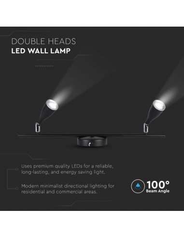 218269-Faretto LED da Muro Doppio  con Testa Orientabile Colore Nero  IP-7