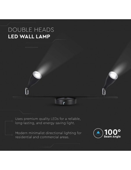 218269-Faretto LED da Muro Doppio  con Testa Orientabile Colore Nero  IP-7