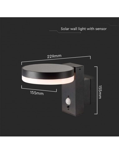 23016-Lampada LED da Muro Rotonda  con Pannello Solare e Sensore PIR Corpo Nero  IP-3
