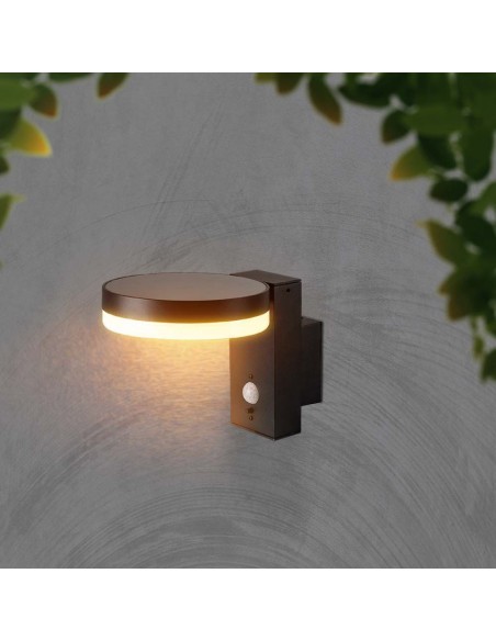 23016-Lampada LED da Muro Rotonda  con Pannello Solare e Sensore PIR Corpo Nero  IP-4