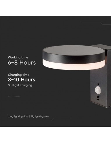 23016-Lampada LED da Muro Rotonda  con Pannello Solare e Sensore PIR Corpo Nero  IP-6