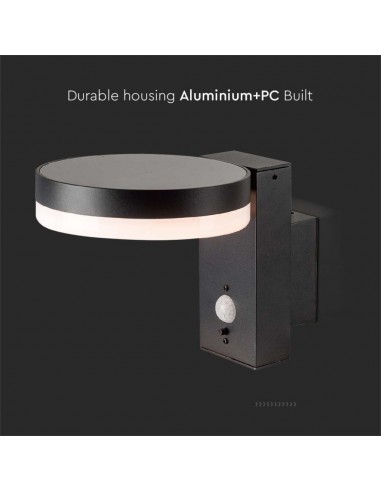 23016-Lampada LED da Muro Rotonda  con Pannello Solare e Sensore PIR Corpo Nero  IP-7