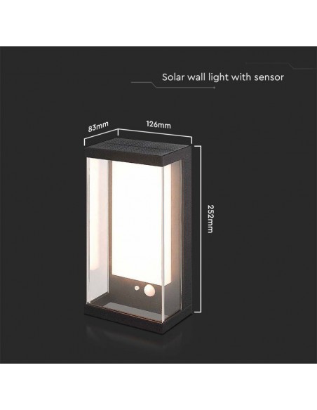 23032-Lampada LED da Muro Rettangolare con Pannello Solare e Sensore PIR  Colore Nero  IP-3