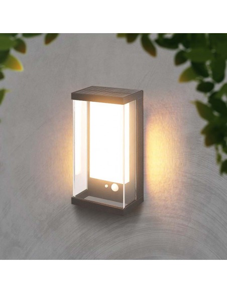 23033-Lampada LED da Muro Rettangolare con Pannello Solare e Sensore PIR  Colore Grigio scuro  IP-4