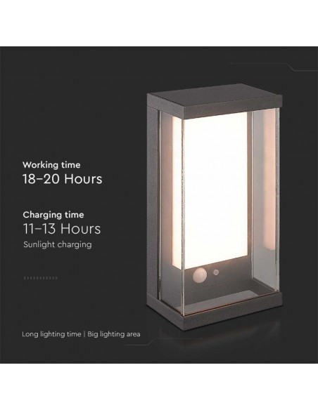 23033-Lampada LED da Muro Rettangolare con Pannello Solare e Sensore PIR  Colore Grigio scuro  IP-6
