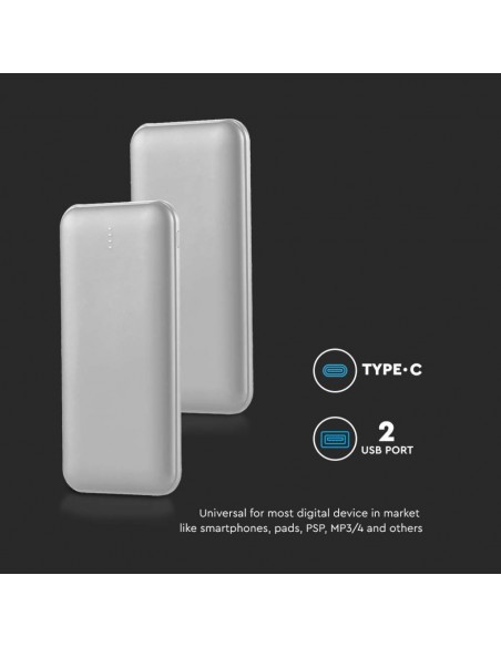 Power Bank Slim 10.000mAh Carica Veloce 10W con Dual USB e Type-C Argento