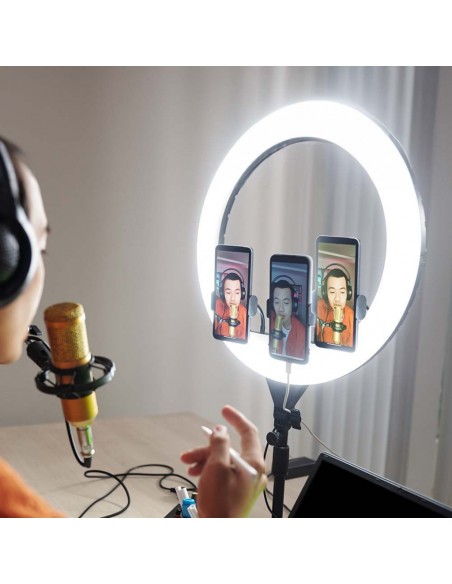 23047-Lampada ad Anello  cm per Selfie e Riprese Video con Treppiede Regolabile cm incluso Telecomando e  Supporti per Telefono 