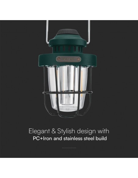 Lampada LED Lanterna da Campeggio 3W SMD + 5W Filamento Ricaricabile con USB C Dimmerabile IP44 Verde 2700K+6500K