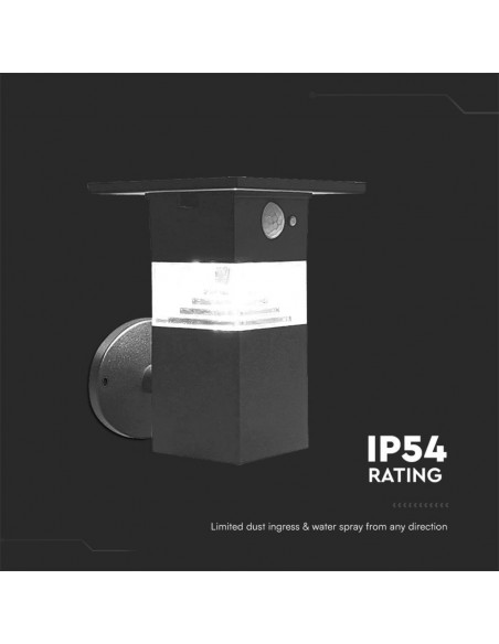 Lampada LED da Giardino con Pannello solare e Sensore PIR 3W Corpo Nero 162*145*170mm 3000K IP54