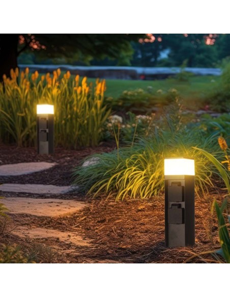 23403-Piantana LED da Giardino cm con Portafaretto G e  Prese A Schuko in Acciaio Inossidabile Nero IP-4