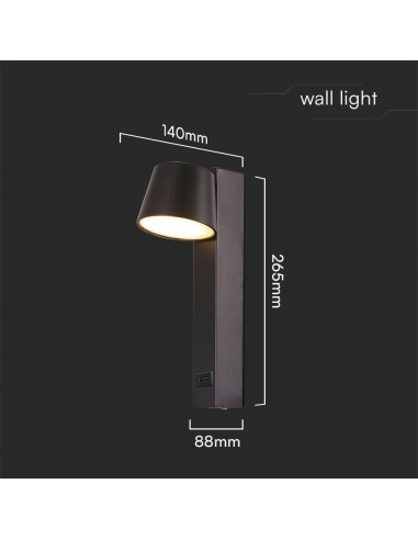 23406-Applique LED da Muro  dal Design Cilindrico con Porta USB e Angolo del Fascio Luminoso Regolabile  in Metallo Colore Nero 