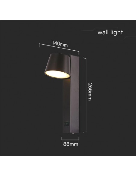 23406-Applique LED da Muro  dal Design Cilindrico con Porta USB e Angolo del Fascio Luminoso Regolabile  in Metallo Colore Nero 