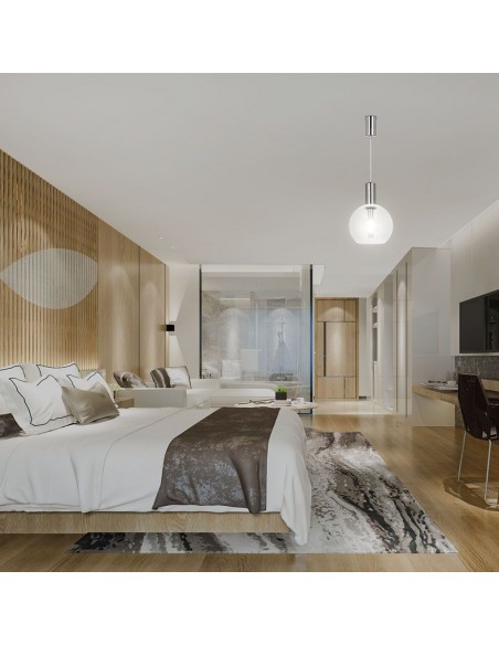 23409-Lampadario LED a Sospensione  dal Design Contemporaneo con Sfera in Vetro Trasparente xmm Colore Acciaio Finitura Elegante