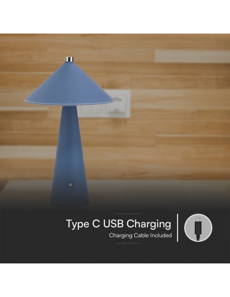 Lampada LED da Tavolo 3W con Batteria Ricaricabile USB C Blu in Metallo Mantello in pelle Touch Dimmerabile 3in1