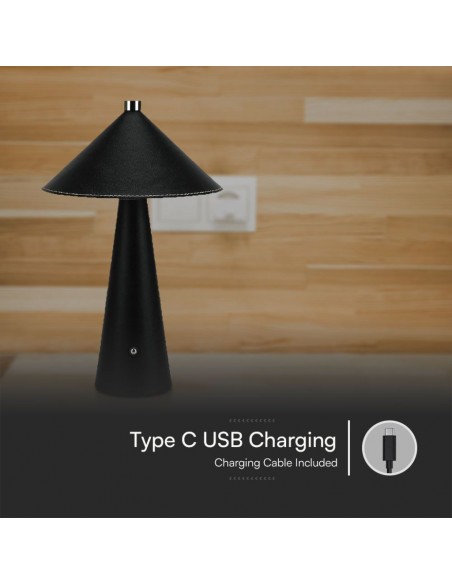 Lampada LED da Tavolo 3W con Batteria Ricaricabile USB C Nero in Metallo Mantello in pelle Touch Dimmerabile 3in1