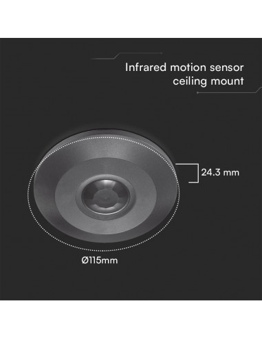 23677-Sensore PIR Piatto a Infrarossi Rilevamento a  Montaggio a Plafone Max  Colore Nero-3