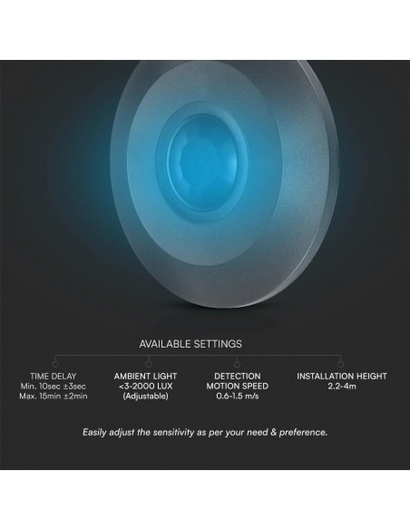 23677-Sensore PIR Piatto a Infrarossi Rilevamento a  Montaggio a Plafone Max  Colore Nero-6