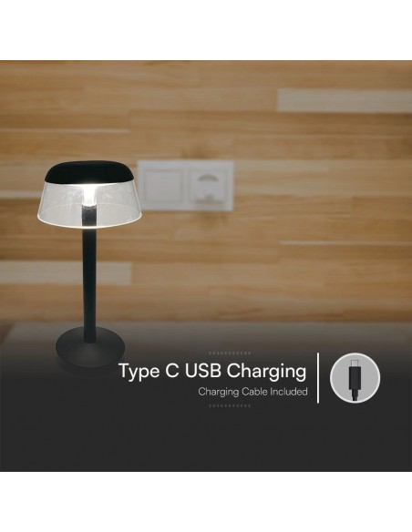 Lampada LED da Tavolo 3W Nero in Alluminio Ricaricabile con USB C Touch Dimmerabile CCT 3in1