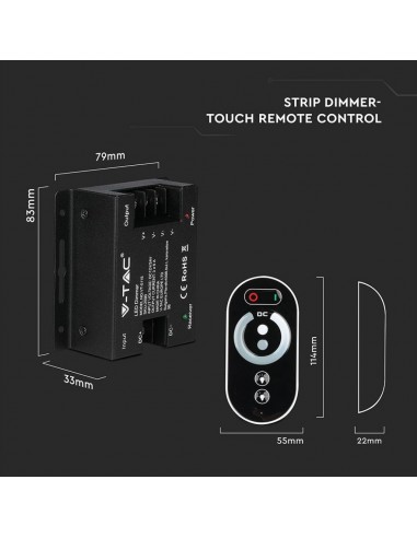 2590-Controller Dimmer Wireless RF GHz per Strip LED Monocolore  canale V/V A con Telecomando Touch  tasti-3