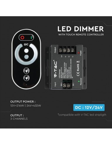 2590-Controller Dimmer Wireless RF GHz per Strip LED Monocolore  canale V/V A con Telecomando Touch  tasti-6