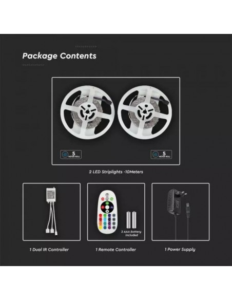 Kit Strip LED SMD5050 4,8W/m 30 LED/m RGB 2x5metri con Telecomando e Alimentatore