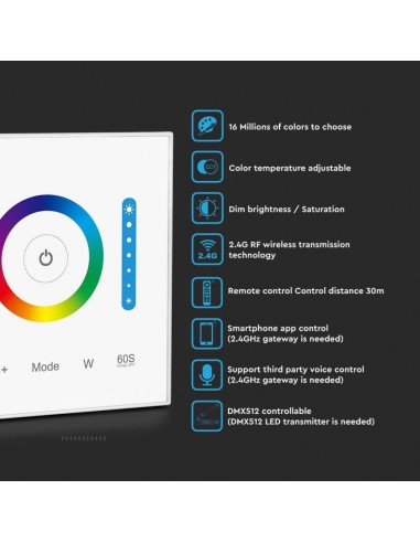 2915-Controller Dimmer Wireless RF GHz per Strip LED RGB/RGBW/RGBCCT  Canali V/V A con Pannello di Controllo Touch da Parete-6
