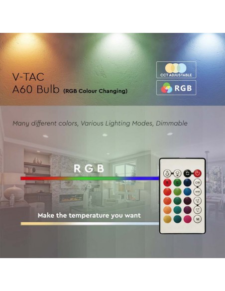 Lampadina LED E27 8,5W A60 RF Controller con Telecomando 24 Tasti RGB + 3000K Dimmerabile