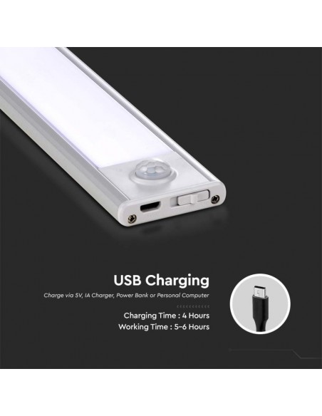 Lampada LED da Armadio ricaricabile Micro-USB 1,5W Sensore PIR argento 30cm 3000K IP20