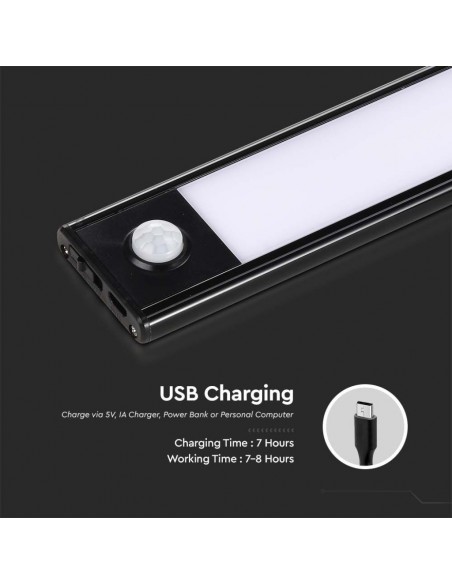 Lampada LED da armadio ricaricabile Micro-USB 2,5W Sensore PIR Nero 60cm 4000K IP20
