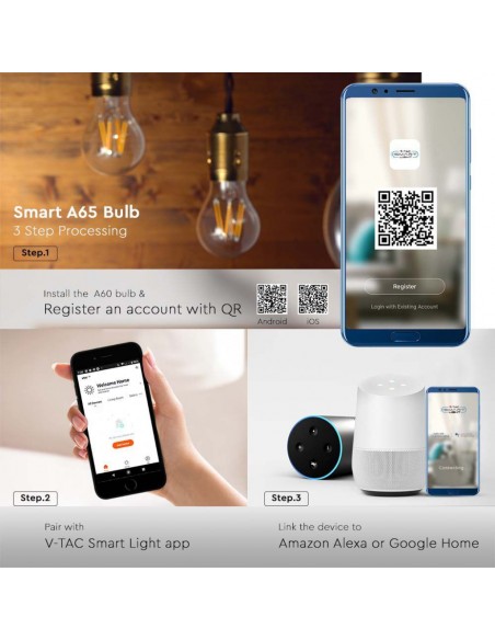 Lampadina LED E27 7W A60 Filamento Compatibile con Google Home e Alexa Tramite App Smart 3 in 1 Dimmerabile