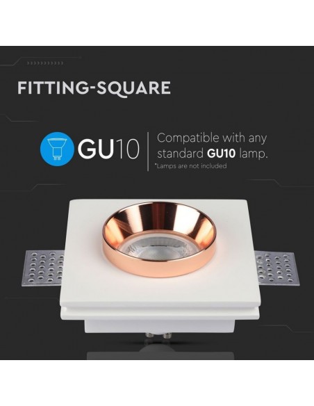 3150-Portafaretto LED da Incasso Quadrato GU e GU MR Corpo in Gesso Bianco e Metallo Rosa Dorato-2