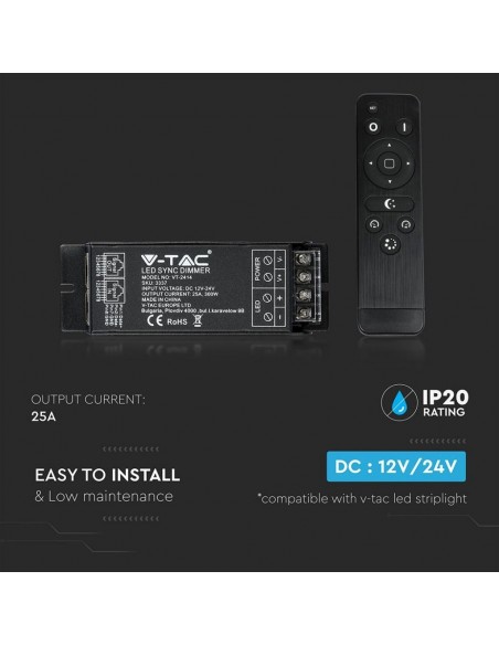 3337-Controller Dimmer Wireless RF GHz per Strip LED Monocolore  Canale V/V A Sync RJ con Telecomando  Tasti-6