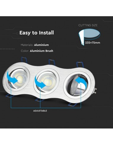 3604-Portafaretto LED Triplo da Incasso Rotondo xGU e GU MR in Alluminio Spazzolato Orientabile-6