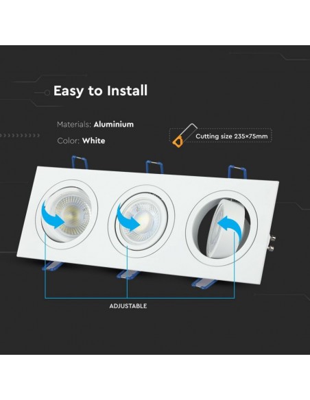3609-Portafaretto LED Triplo da Incasso Rettangolare xGU e GU MR Colore Bianco Orientabile-6
