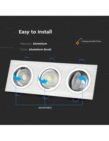 3610-Portafaretto LED Triplo da Incasso Rettangolare xGU e GU MR in Alluminio Spazzolato Orientabile-6