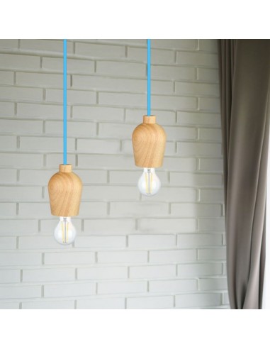 3722-Lampadario LED in Legno con Portalampada E Max  con Cavo Blu-4