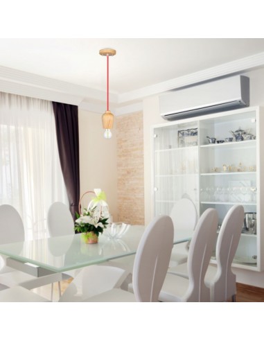 3723-Lampadario LED in Legno con Portalampada E Max  con Cavo Rosso-4