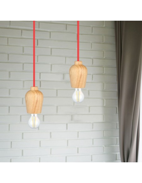 3723-Lampadario LED in Legno con Portalampada E Max  con Cavo Rosso-5