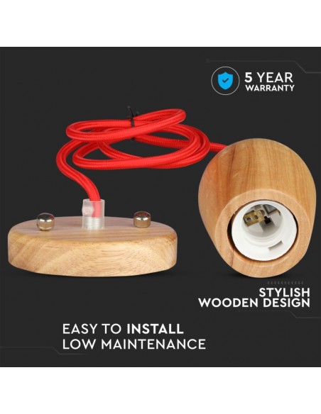 Lampadario LED in Legno con Portalampada E27 (Max 60W) con Cavo Rosso