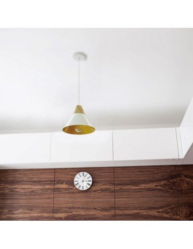 3756-Lampadario LED a Campana in Alluminio e Legno con Portalampada E Max  Colore Bianco-4