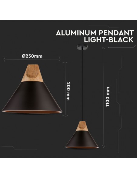 3757-Lampadario LED a Campana in Alluminio Legno con Portalampada E Max  Colore Nero-2