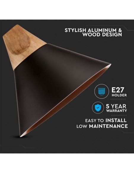 3757-Lampadario LED a Campana in Alluminio Legno con Portalampada E Max  Colore Nero-5