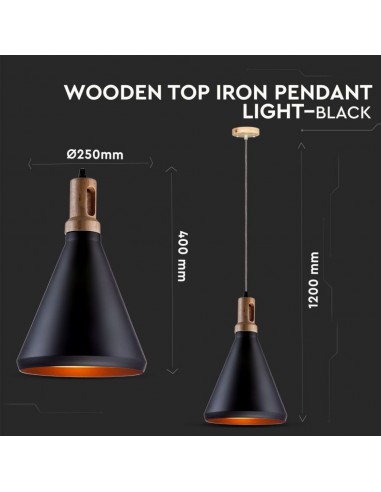 3762-Lampadario LED in Metallo con Portalampada E Max  Colore Nero e Attacco in Legno-2