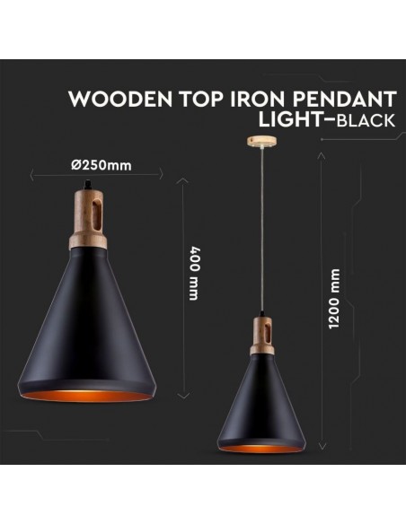 3762-Lampadario LED in Metallo con Portalampada E Max  Colore Nero e Attacco in Legno-2