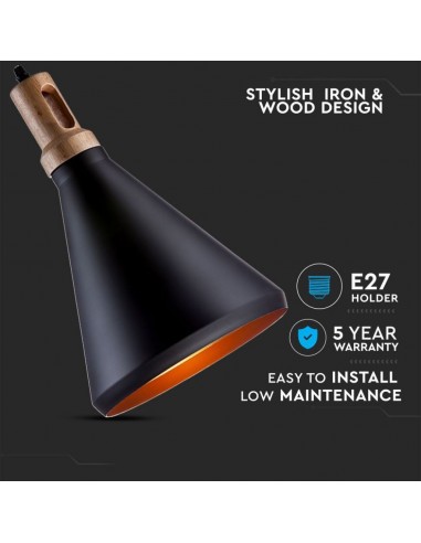 3762-Lampadario LED in Metallo con Portalampada E Max  Colore Nero e Attacco in Legno-5